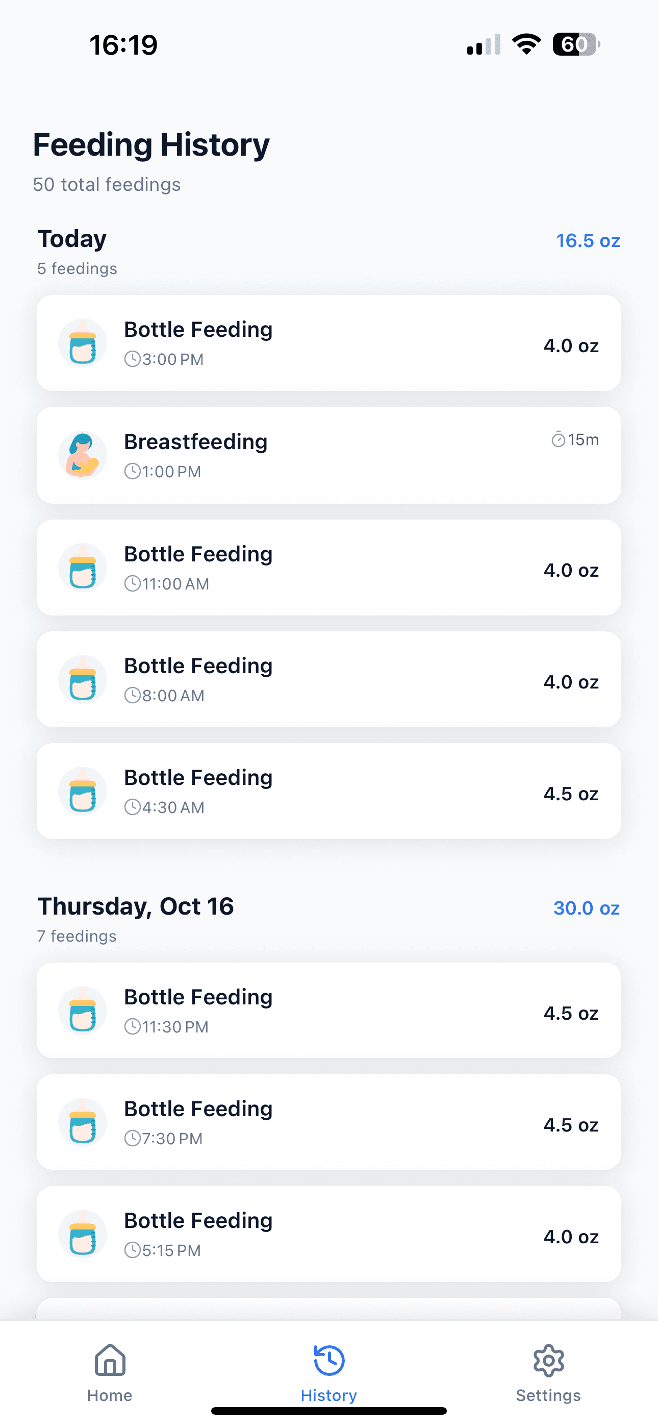 Baby Feeds history screen listing recent feeding sessions.