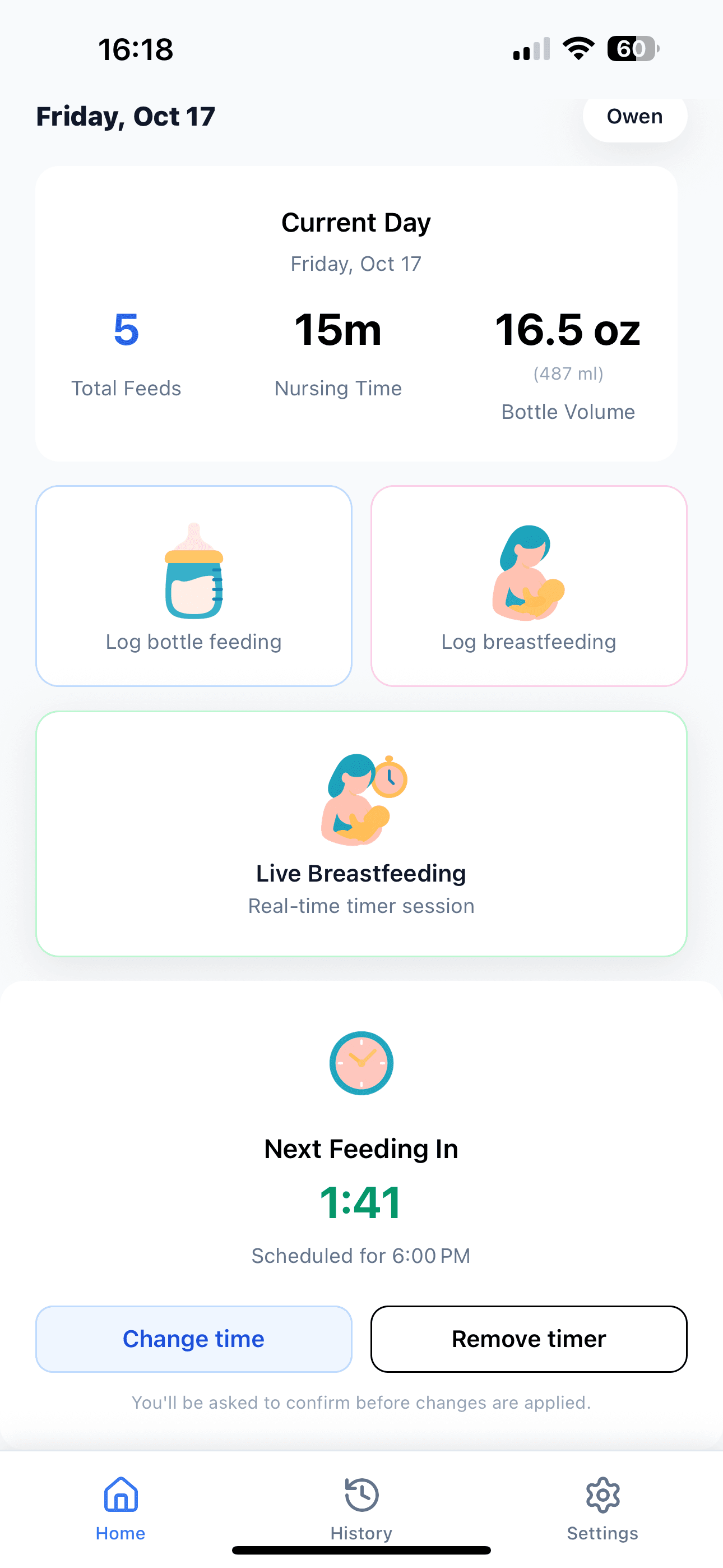 Baby Feeds home screen showing today's feed recap.